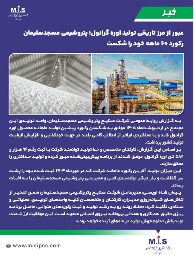 عبور از مرز تاريخي توليد اوره گرانول؛ پتروشيمي مسجدسليمان رکورد 60 ماهه خود را شکست